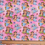 Lilo + Stitch in garden on Pink scrub cap pattern detail on mannequin