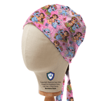 Lilo + Stitch in garden on Pink scrub cap in Bandana tie-back style