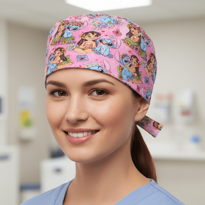 Lilo + Stitch in garden on Pink scrub cap in Captain fitted style