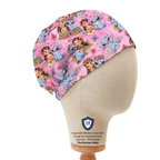 Lilo + Stitch in garden on Pink scrub cap shown from side angle