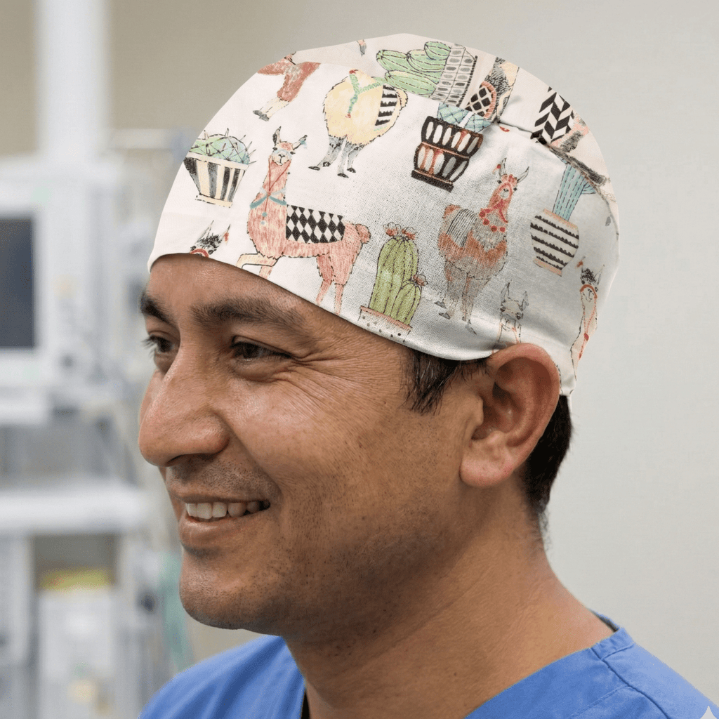 Gorro quirúrgico azul de fiesta de llamas/alpacas