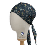 A mannequin head wears a Medicus Scrub Cap with a Looney Tunes space-themed print, featuring Marvin, Bugs Bunny, and Taz. Snug fit with back ties.