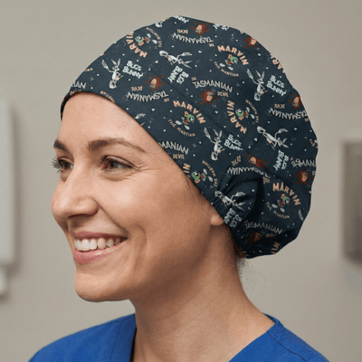 Looney Tunes Marvin Tazmanian Devil Bugs On Dark Blue Space scrub cap shown on model