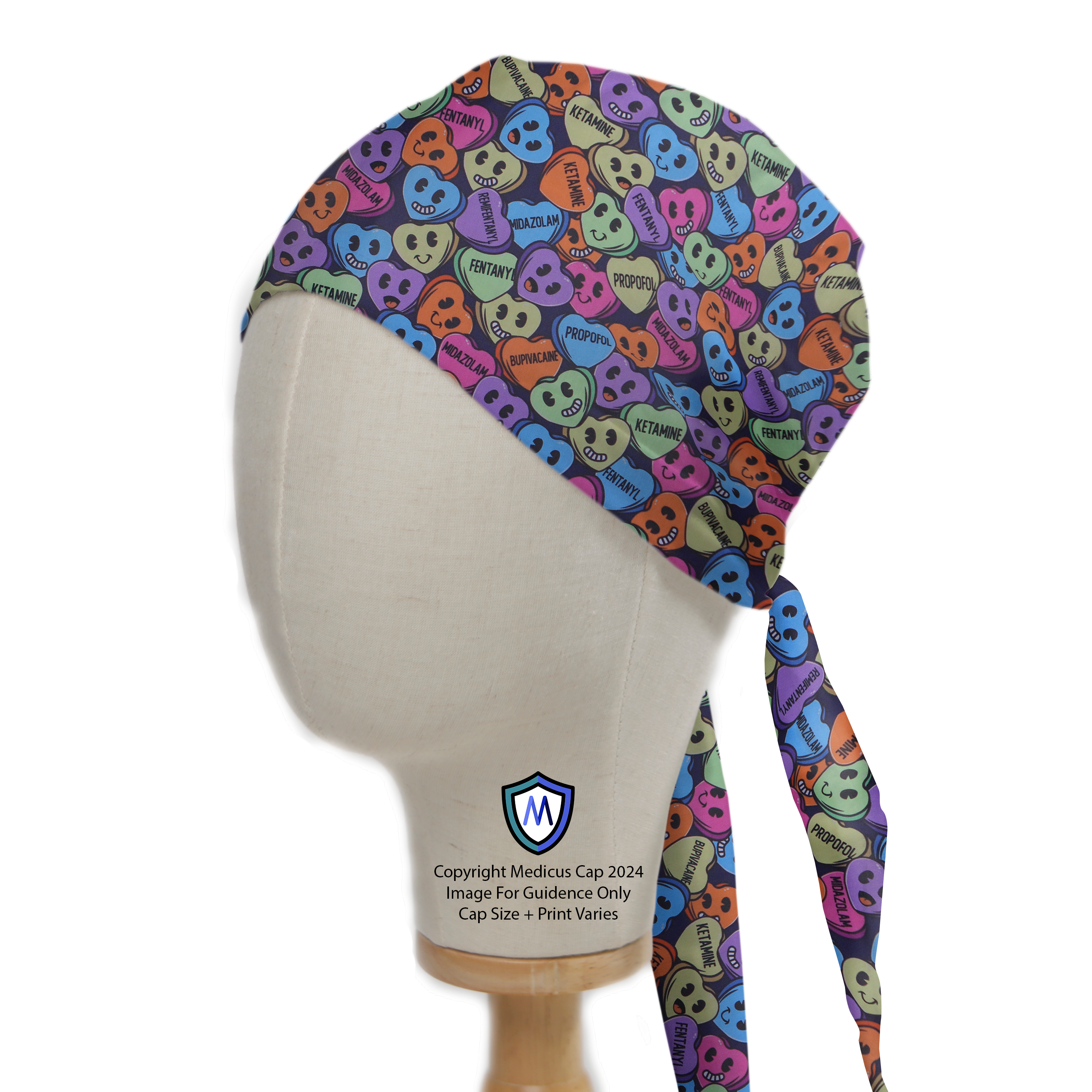 Side view of a mannequin wearing the Love Drug Candy Scrub Cap by Medicus Scrub Caps, featuring colorful pill-inspired skull designs with medical text.