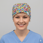 Love Drug Candy scrub cap shown on model