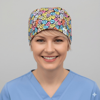 Love Drug Candy scrub cap shown on model