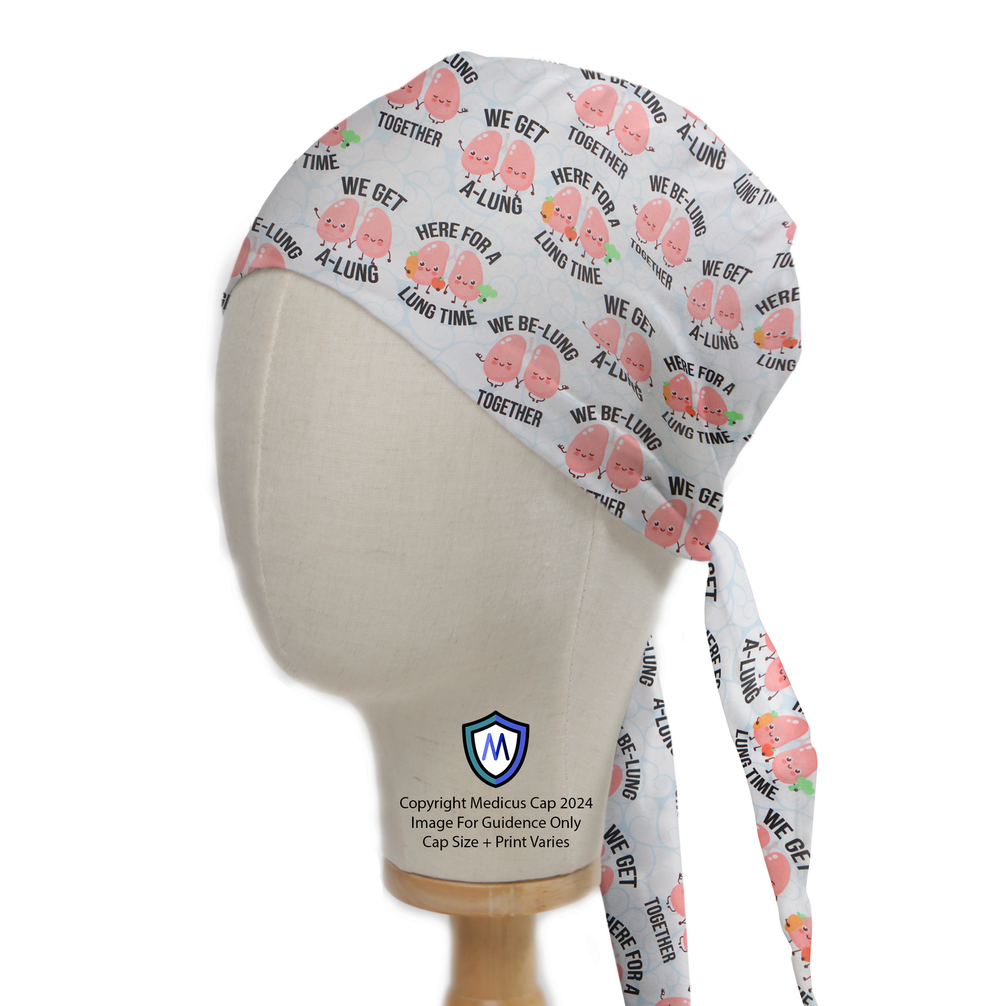 Lung Puns Be-Lung Together Scrub Cap from Medicus Scrub Caps, featuring a playful lung-themed design with puns on a light background.