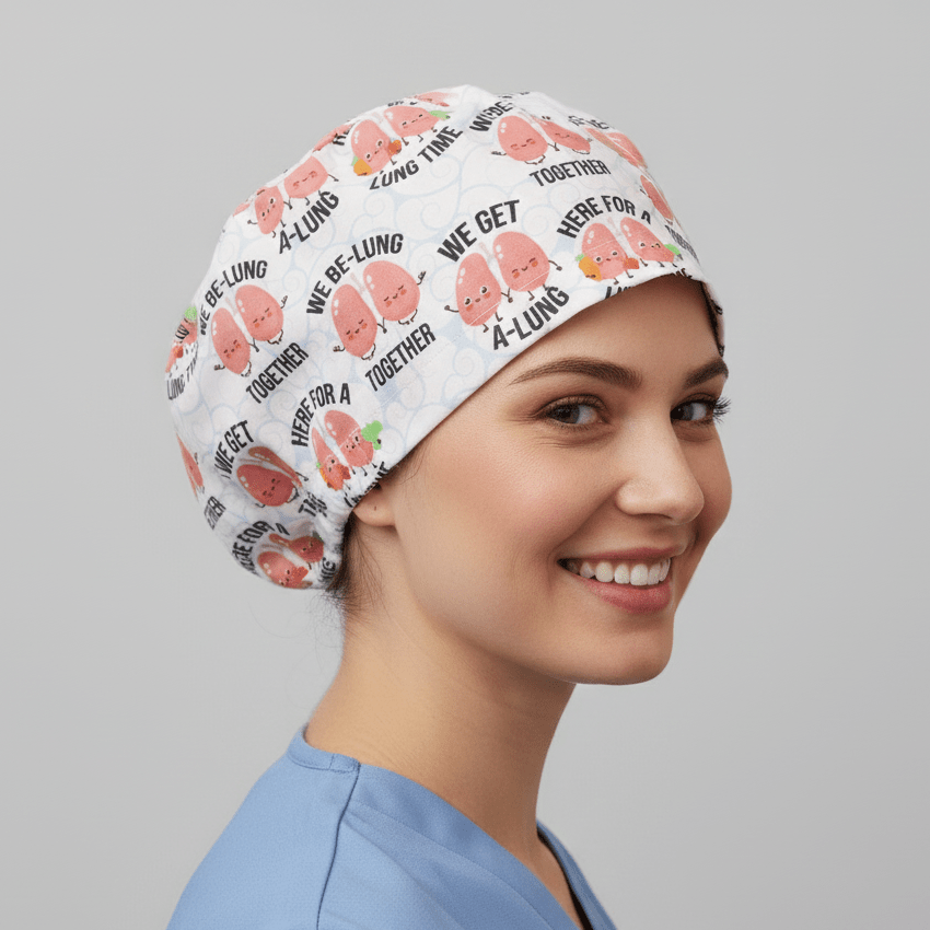 Gorros quirúrgicos Be-Lung Together con juegos de palabras sobre pulmones