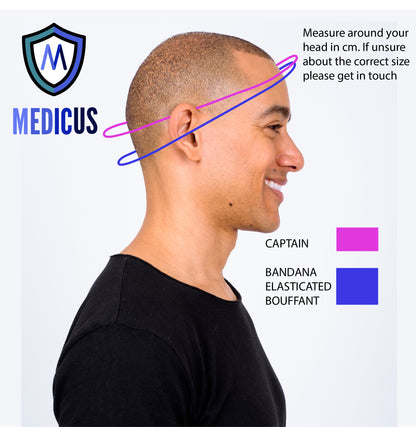 A smiling person with headwear measurement lines for Medicus Scrub Caps The Mullet. Ideal for healthcare professionals seeking the perfect fit. Medicus logo included.