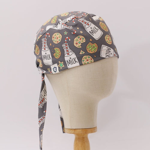 Christmas Milk + Cookies Grey scrub cap pattern detail on mannequin