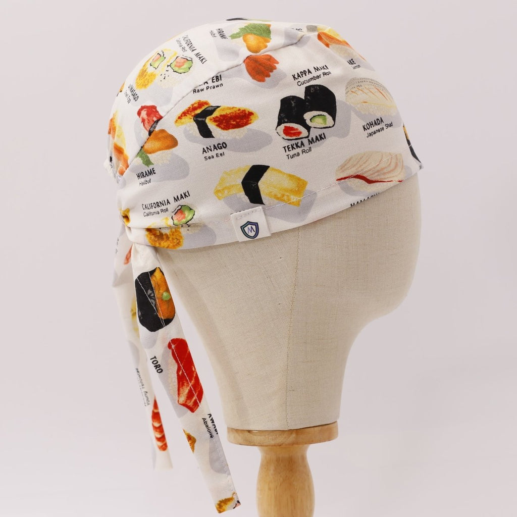 Gorro quirúrgico con menú de comida y sushi