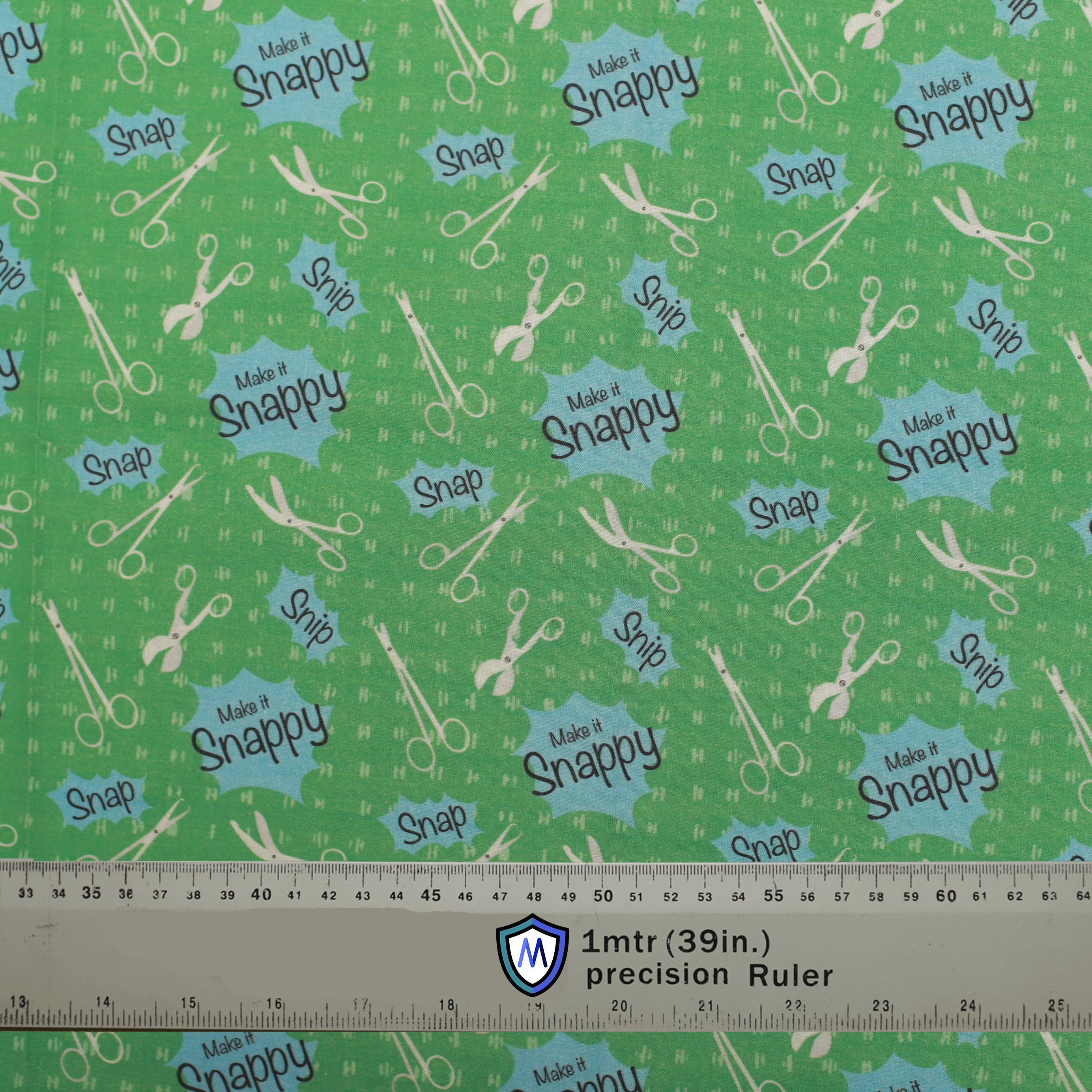 Green Medicus Scrub Cap fabric with surgical scissors and "Make it Snappy" pattern. Features playful medical-themed design. @make-it-snappy-scrub-cap