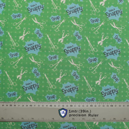 Green Medicus Scrub Cap fabric with surgical scissors and "Make it Snappy" pattern. Features playful medical-themed design. @make-it-snappy-scrub-cap