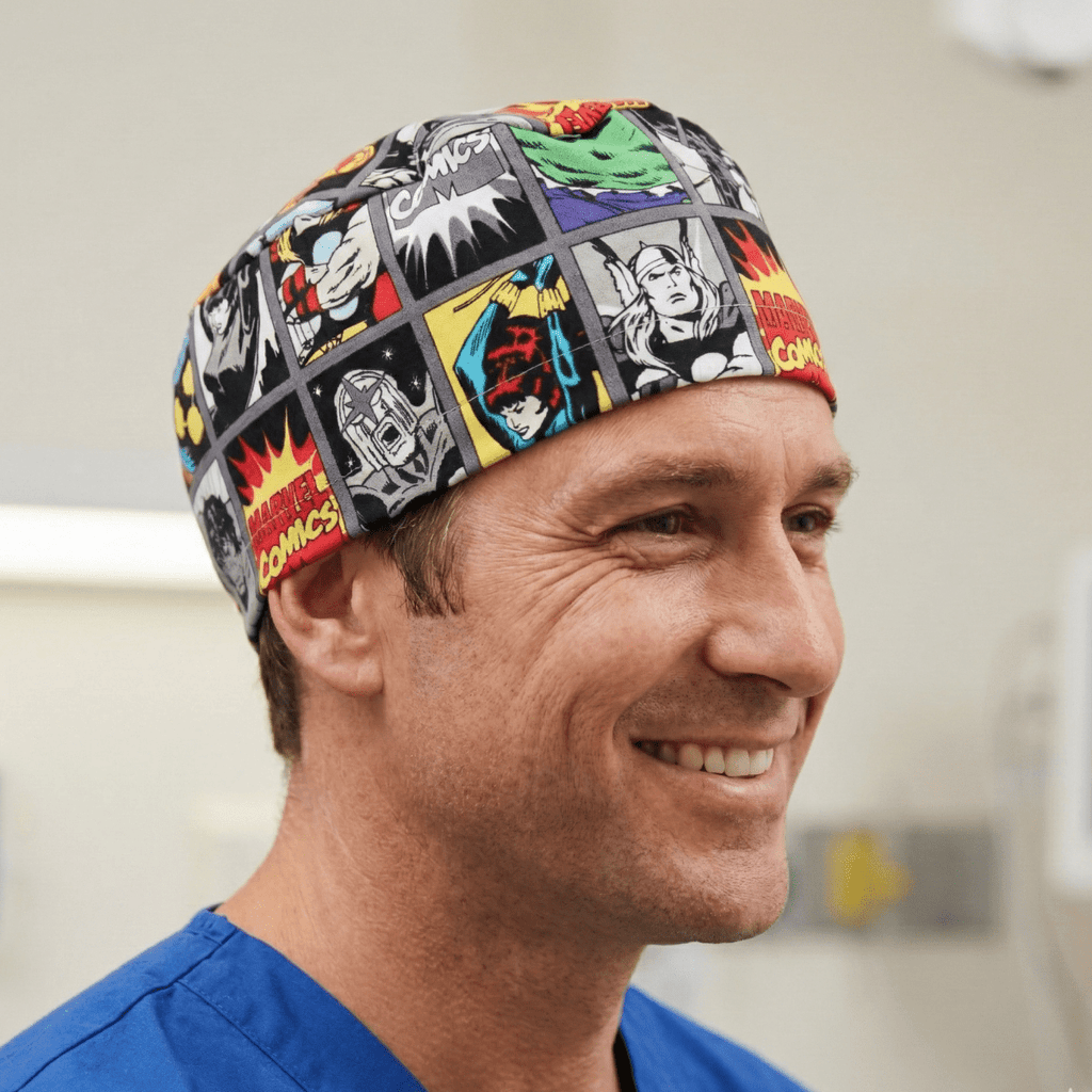 Marvel Comic Strip Hulk Thor Grey Grid Scrub Cap