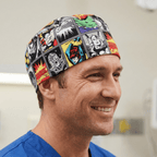 Marvel Comic Strip Hulk Thor Grey Grid scrub cap shown on model