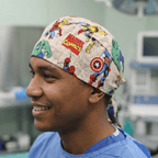 Marvel Comics #5 scrub cap shown on model