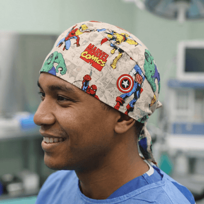 Marvel Comics #5 scrub cap shown on model