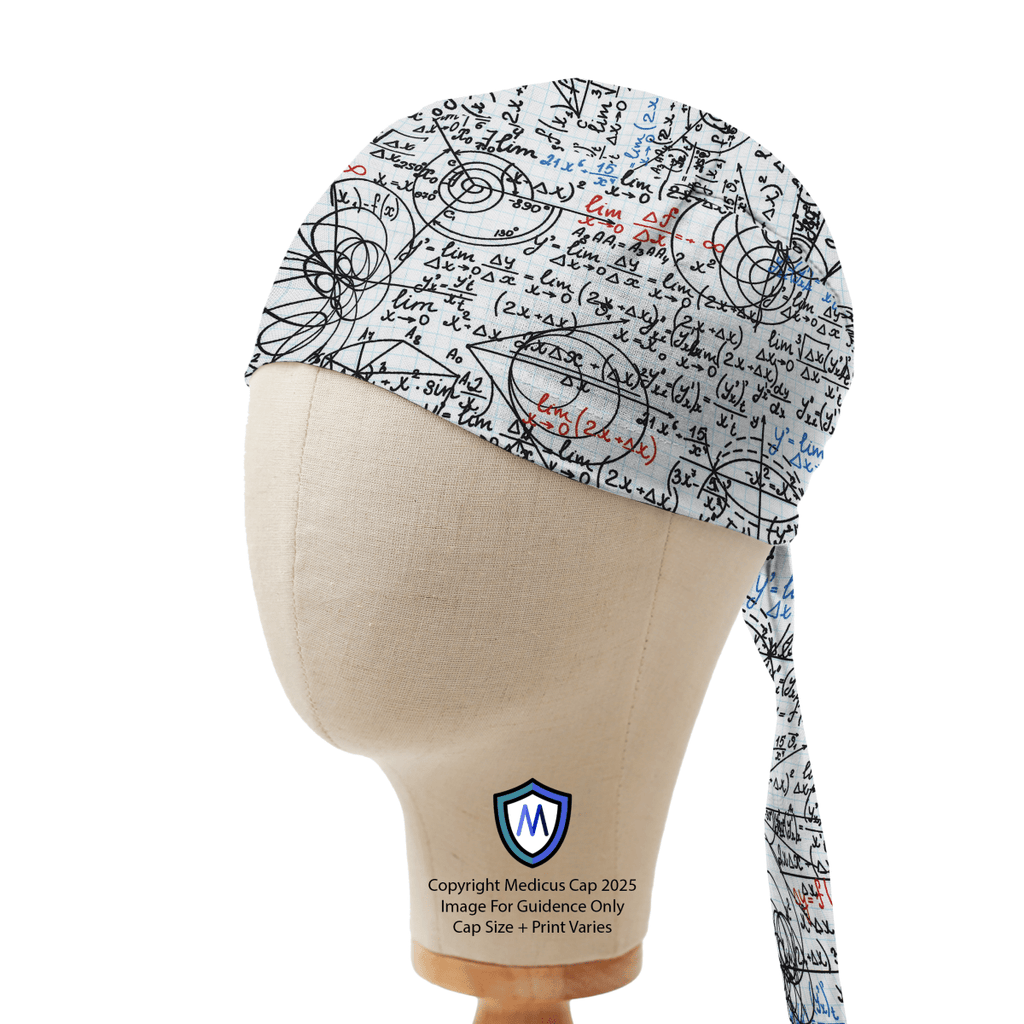 Captain-style scrub cap by Medicus Caps featuring a mathematical calculations print, displayed on a mannequin for a stylish and professional look.