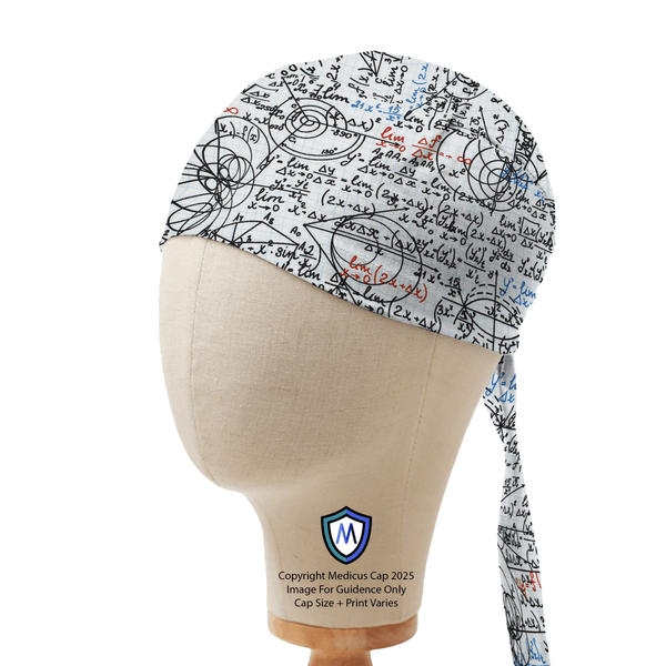Captain-style scrub cap by Medicus Caps featuring a mathematical calculations print, displayed on a mannequin for a stylish and professional look.
