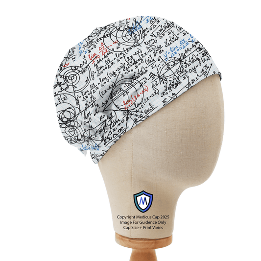 Elastic-backed scrub cap by Medicus Caps featuring a mathematical calculation print, displayed on a mannequin, showcasing its unique design.