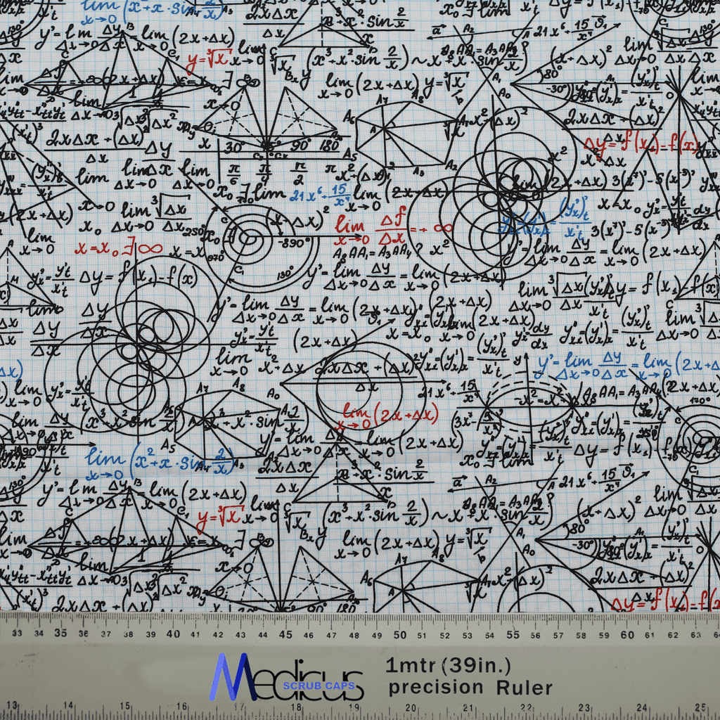Fabric pattern with mathematical calculations by Medicus Scrub Caps, featuring geometric designs and equations, used for unique scrub cap designs.