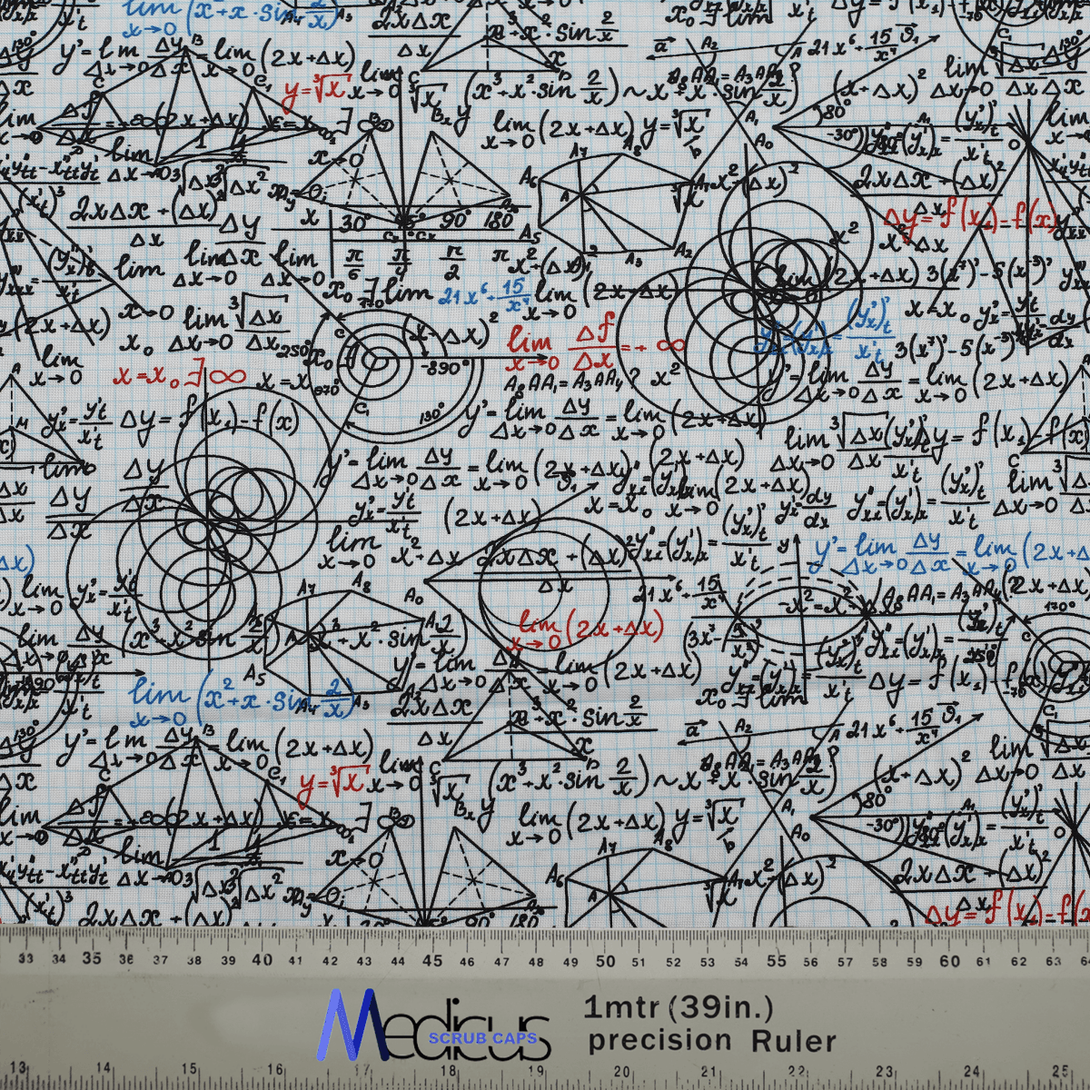Fabric pattern with mathematical calculations by Medicus Scrub Caps, featuring geometric designs and equations, used for unique scrub cap designs.