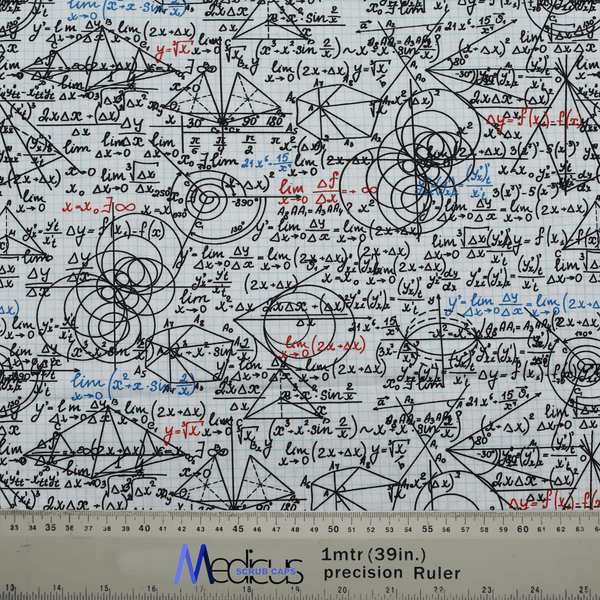 Fabric pattern with mathematical calculations by Medicus Scrub Caps, featuring geometric designs and equations, used for unique scrub cap designs.