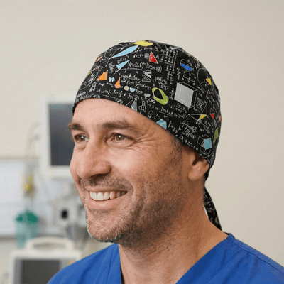 Math Chalkboard Colourful Trigonometry scrub cap shown on model