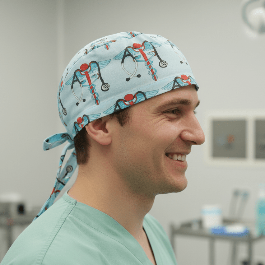 Medical Snake Caduceus Logo Blue USA scrub cap shown on model