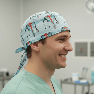 Medical Snake Caduceus Logo Blue USA scrub cap shown on model