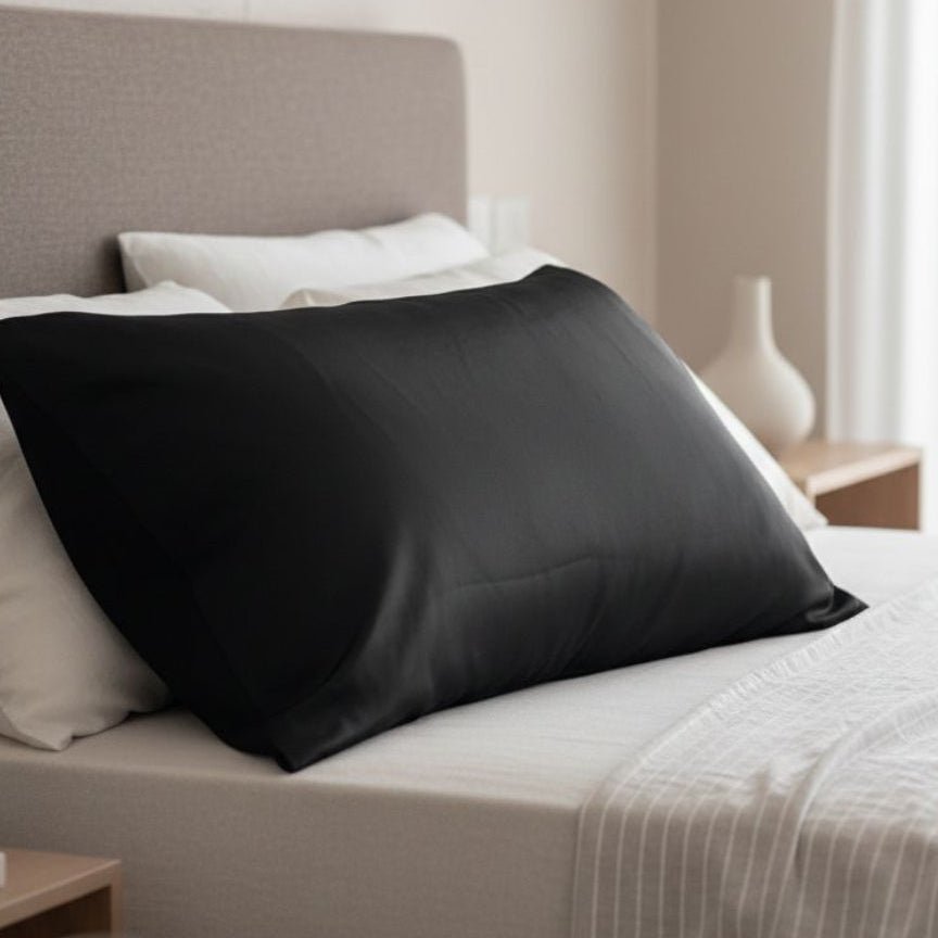 Black satin pillowcase on a bed with white bedding and neutral toned headboard, showcasing luxurious smooth fabric