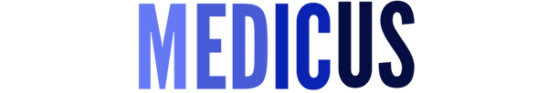 The image displays the word MEDICUS in bold, uppercase letters. The text features a gradient transitioning from light to dark blue from left to right against a plain white background.