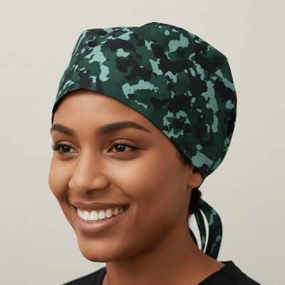 Military Camouflage Bottle Green scrub cap shown on model