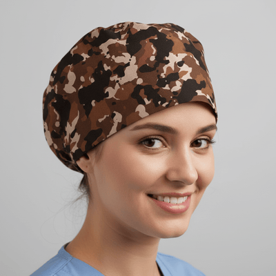 Military Camouflage Coffee Brown scrub cap shown on model