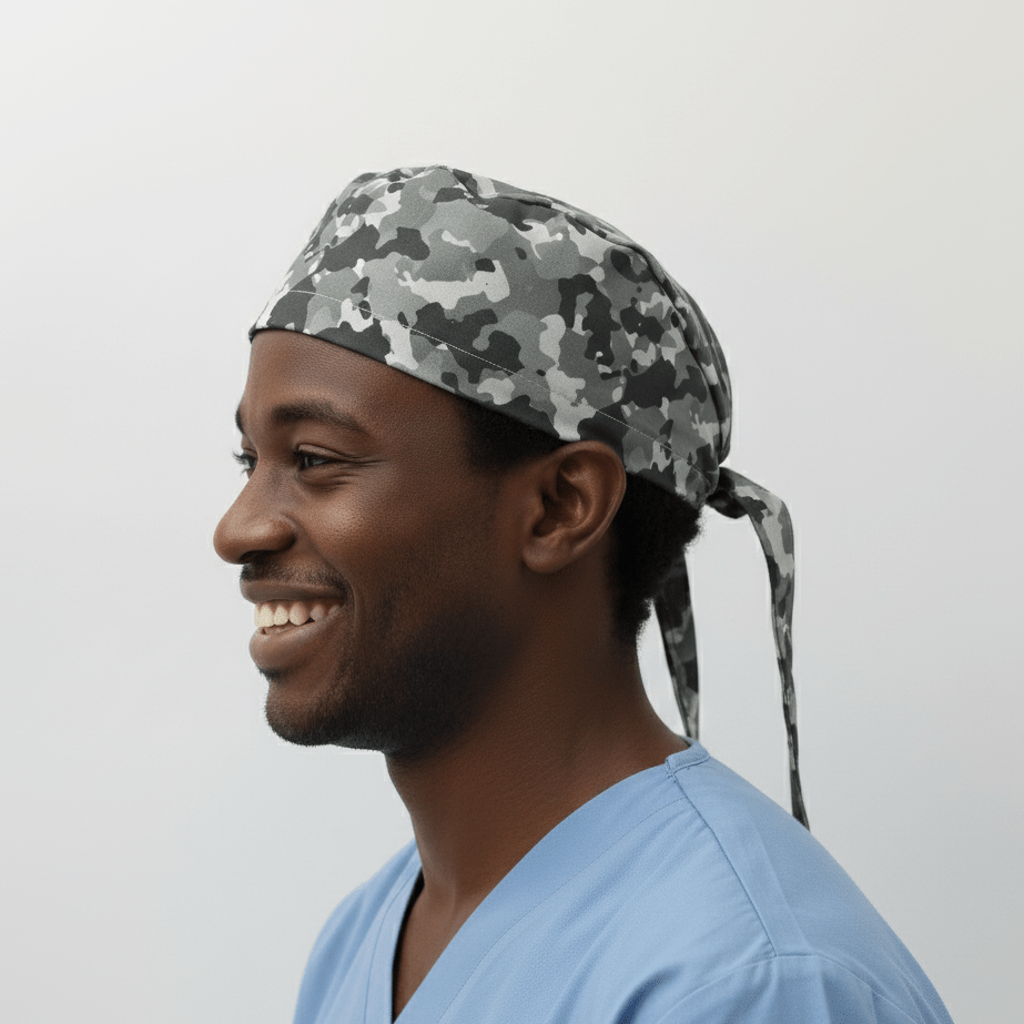 Gorro quirúrgico gris claro con camuflaje militar