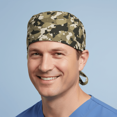 Military Camouflage Natural Tan scrub cap shown on model