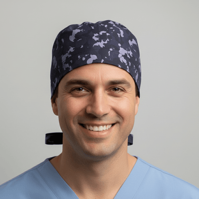Military Camouflage Purple scrub cap shown on model