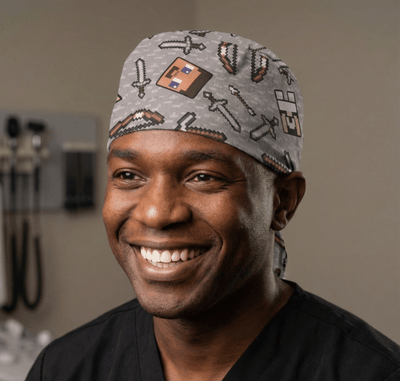 Minecraft Tools + Heads Toss scrub cap shown on model