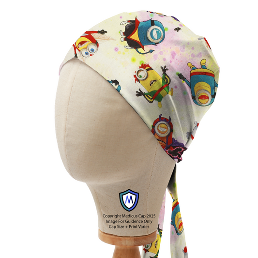 Mannequin head wearing a Medicus Scrub Cap with Minions and monster-themed design on a white background, bandana style.