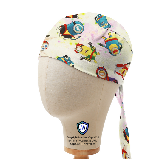 Mannequin head wearing a Medicus Scrub Cap with Minions and monsters pattern on a white background, captain style.