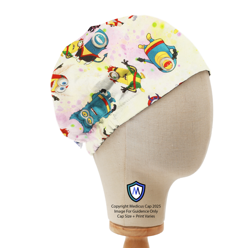 Mannequin head wearing a Medicus Scrub Cap with Minions-themed design on a white background, elastic-backed.