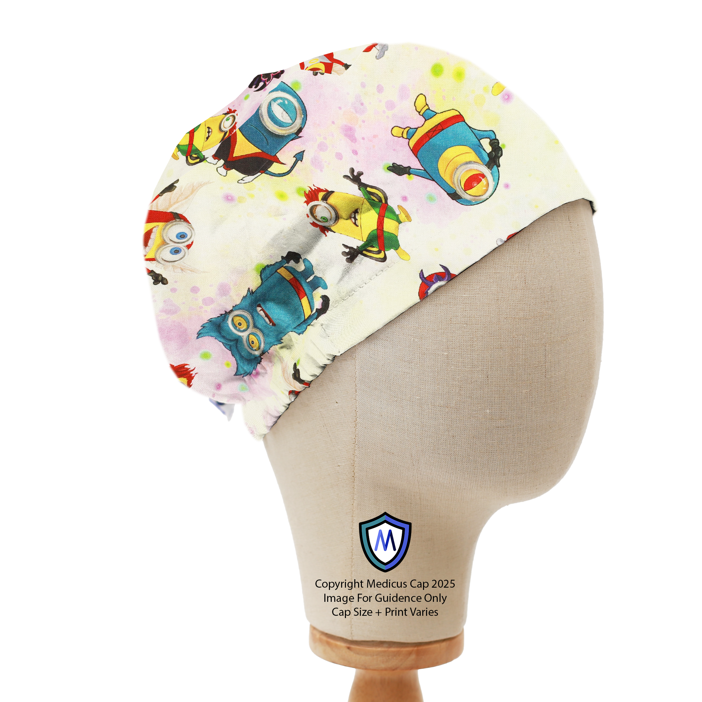 Mannequin head wearing a Medicus Scrub Cap with Minions-themed design on a white background, elastic-backed.