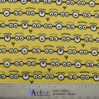 Fabric pattern with Minions eyes on a yellow background by Medicus Caps, designed for fun and playful scrub caps.