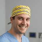 Yellow Minions eyes pattern scrub cap with tie-back closure worn by smiling healthcare worker