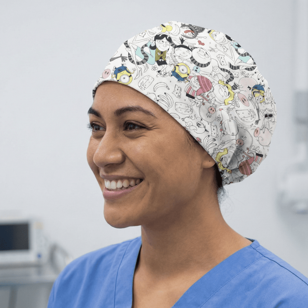 White Minions cartoon character pattern scrub cap with colourful illustrations worn by smiling healthcare worker