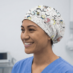 White Minions cartoon character pattern scrub cap with colourful illustrations worn by smiling healthcare worker
