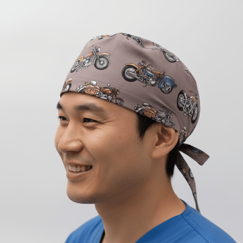 Grey vintage motorcycle pattern scrub cap with tie-back closure worn by smiling healthcare worker