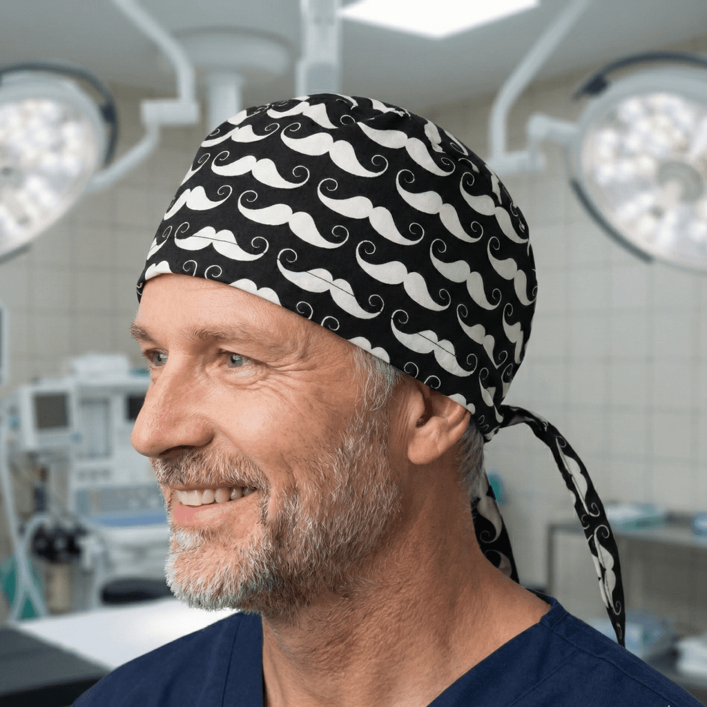 Dark navy blue scrub cap with white moustache pattern and tie-back design