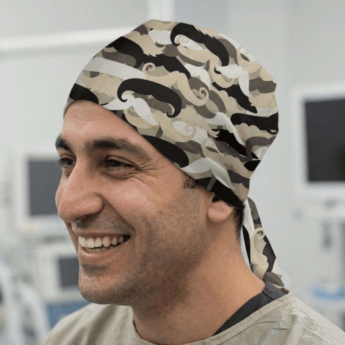 Black grey beige moustache pattern scrub cap with tie-back design