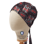 Side profile view of AC/DC band scrub cap featuring black fabric with red logo patches